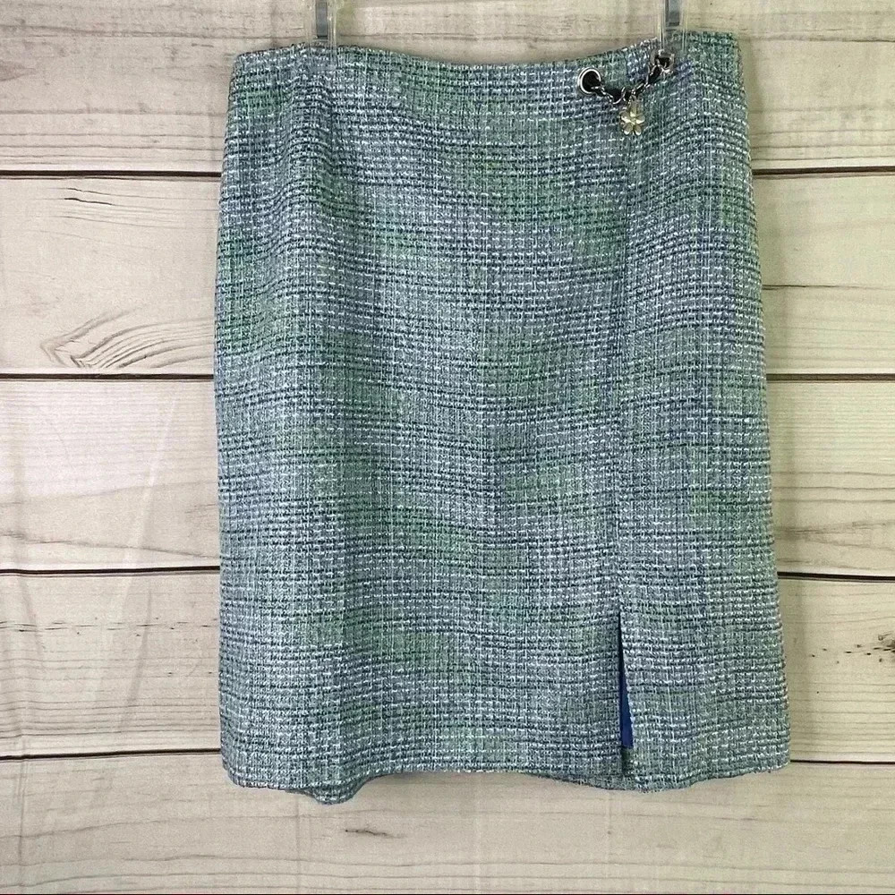 Requirements Tweed Pencil Skirt Women 12 Green Blue Textured Slit Career
